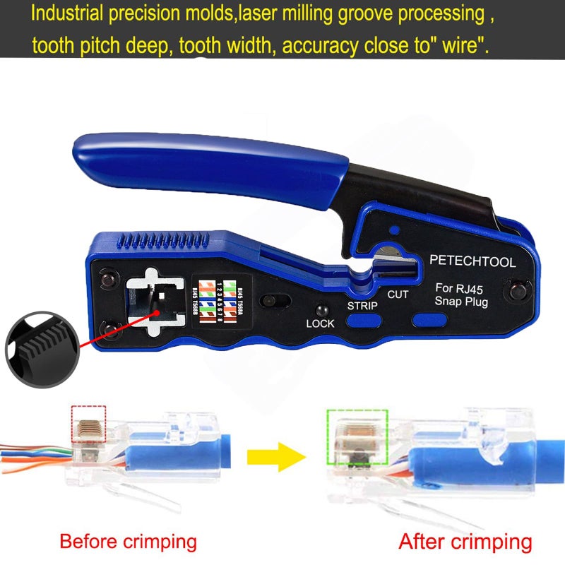 PETECHTOOL RJ45 Crimp Tool Pass Through Crimper Cutter for Cat6a Cat6 Cat5 Cat5e 8P8C Modular Connector Ethernet Crimper Tool - Image 4